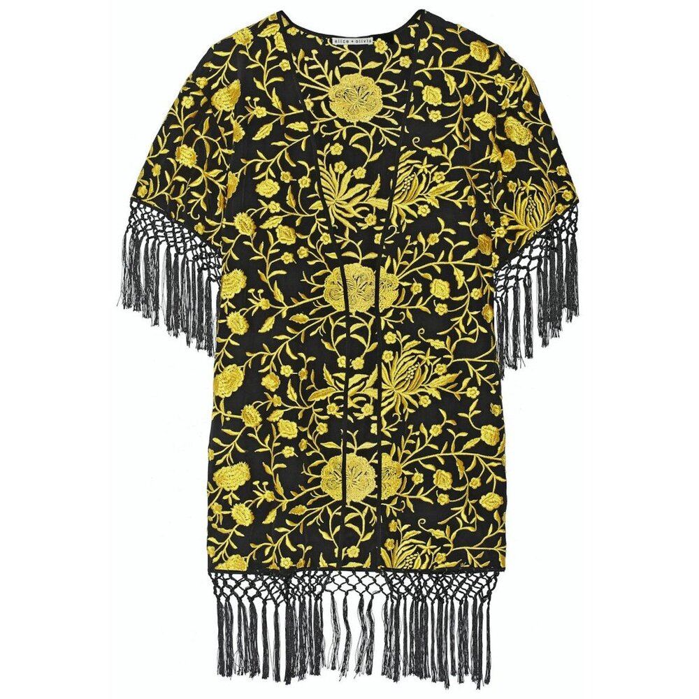 Alice + Olivia Onella Kimono Jacket Black Yellow Gold Floral Embroidered XS S